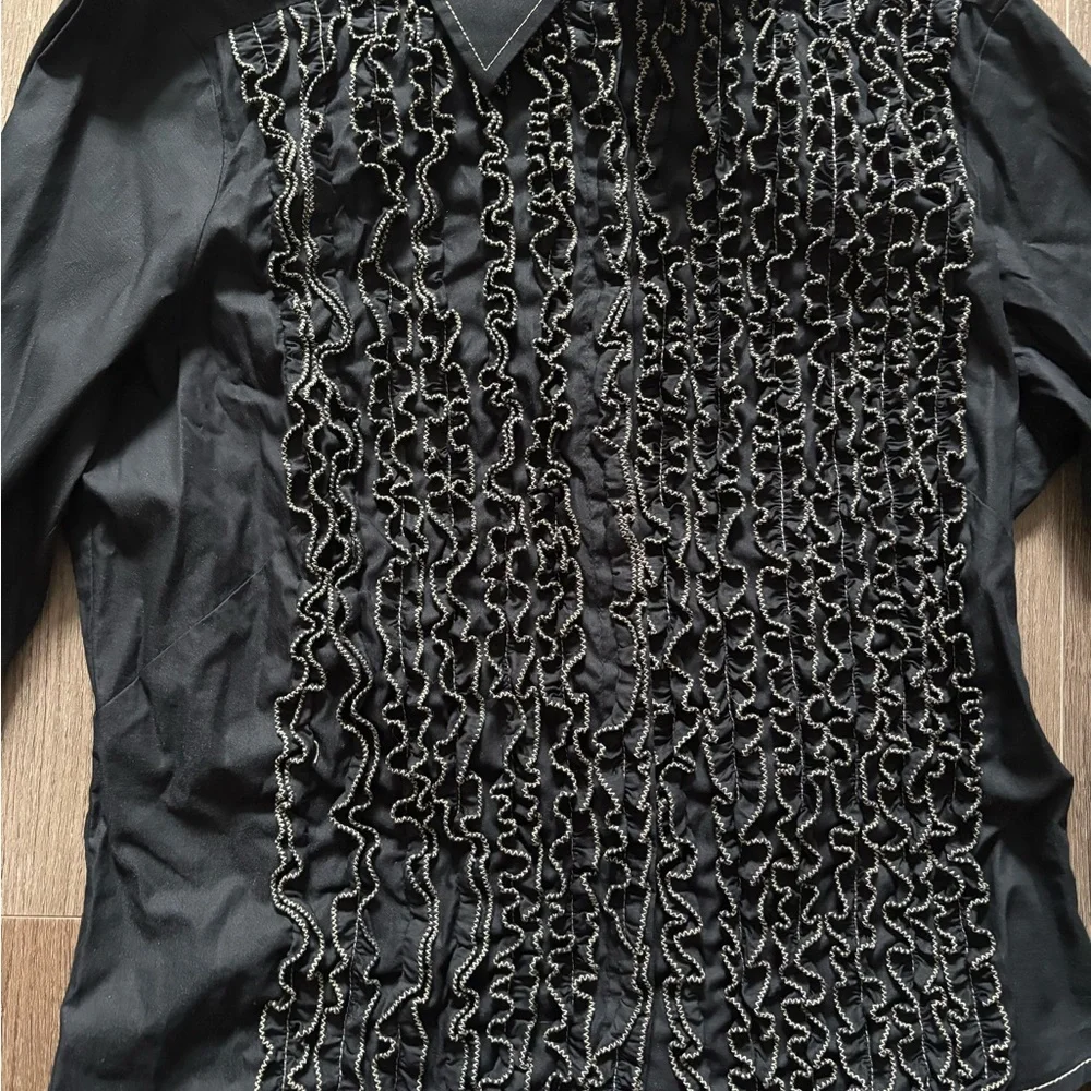 Black Ruffled Front Button-Up Shirt - Picture 4 of 7